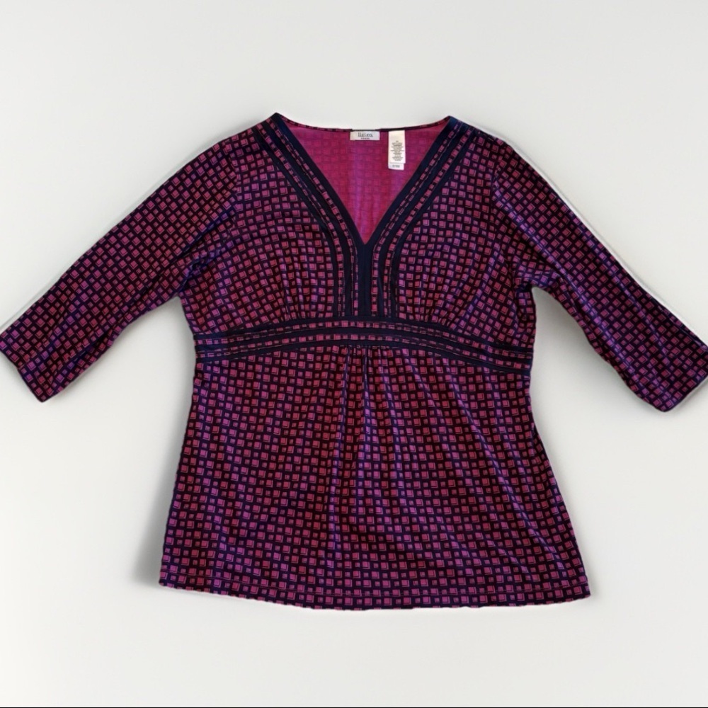 Liz & Co. Magenta Navy Geometric Empire Waist Tunic Top 3/4 Sleeve V-Neck 2X